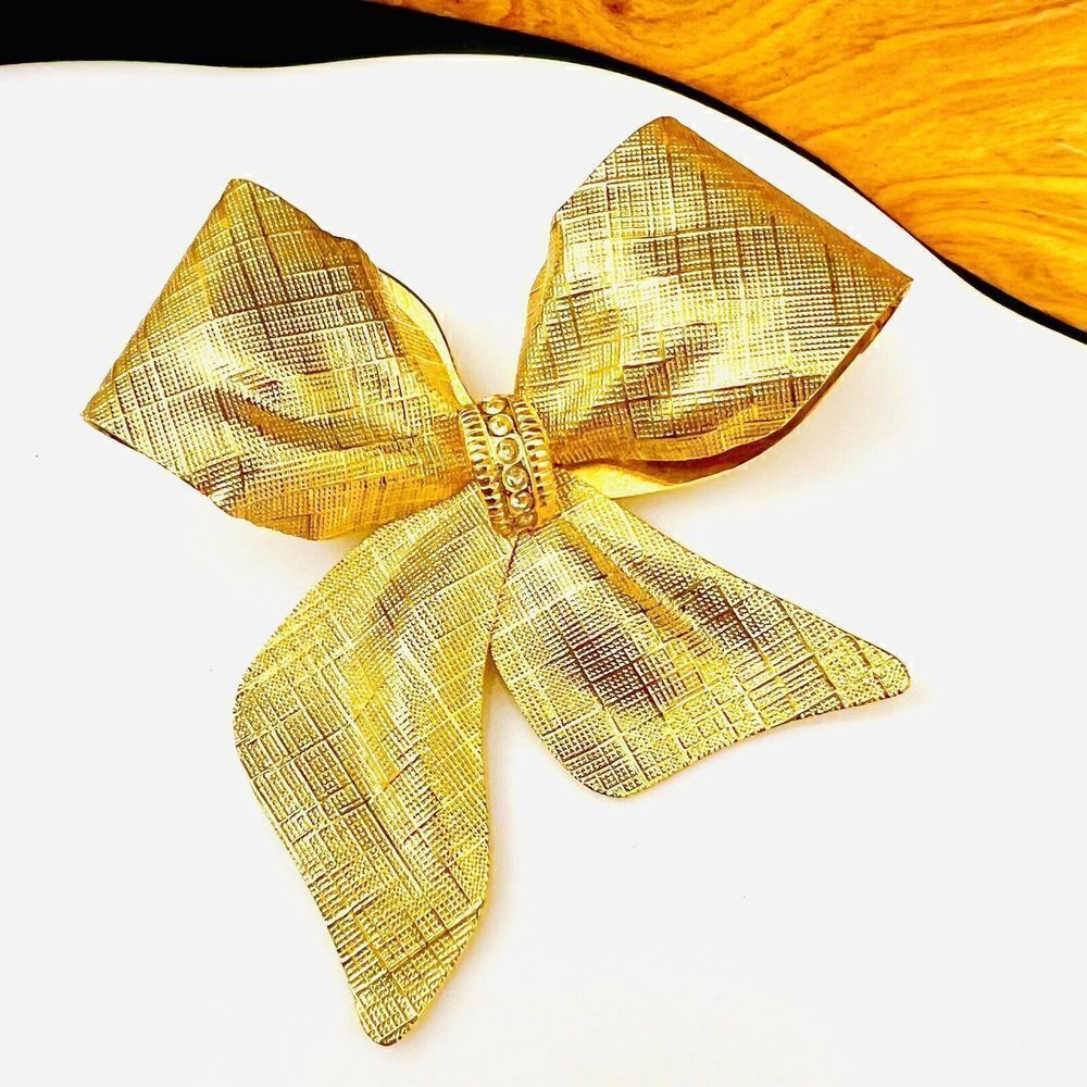 Vintage Textured Satin Bow Ribbon Brooch Crystal Accent Large Gold Matte 4085